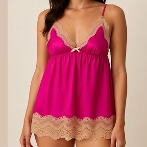 VICTORIA’S SECRET satin babydoll style camisole tank top lace trimmed hot pink M